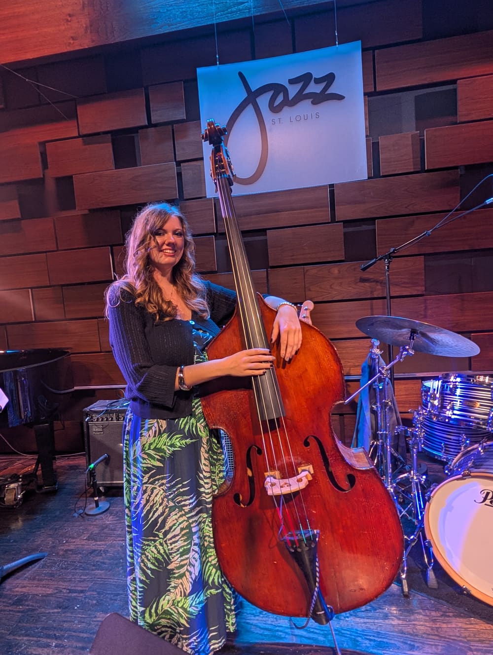 Mara with upright bass on stage